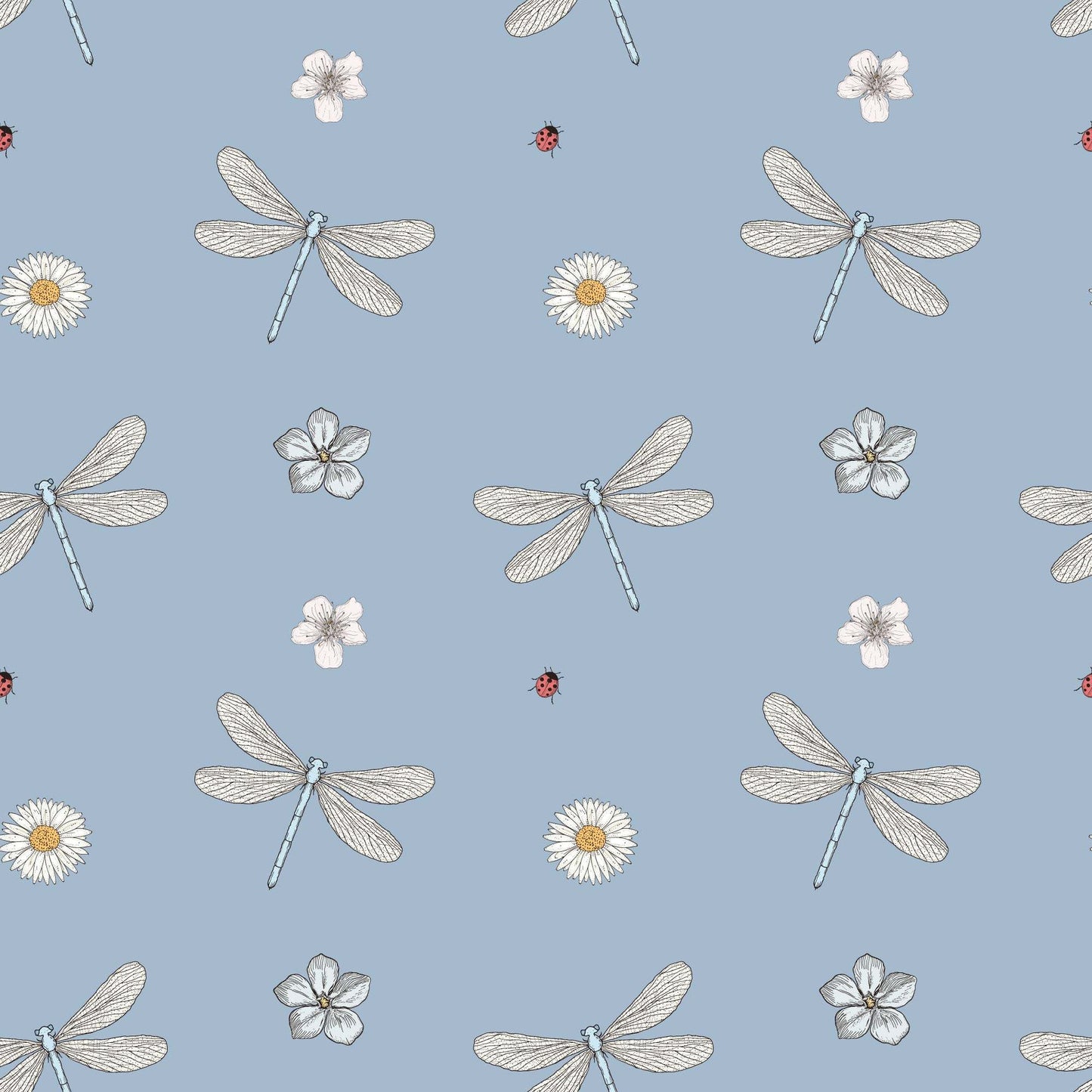 Pale blue childrens wallpaper with stylish dragonflies, ladybirds and flowers.