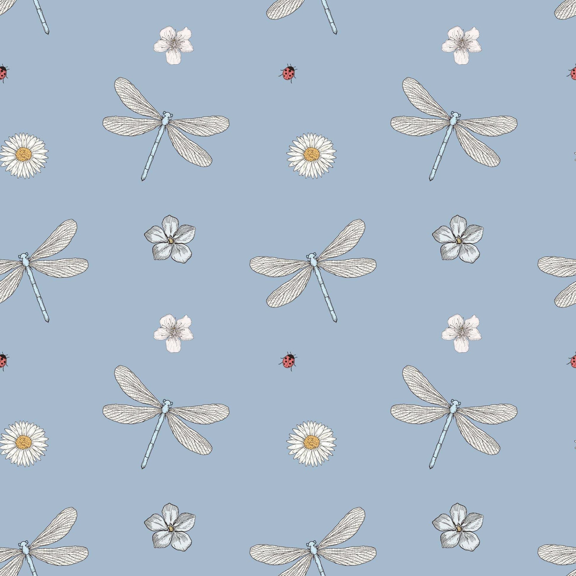 Pale blue childrens wallpaper with stylish dragonflies, ladybirds and flowers.