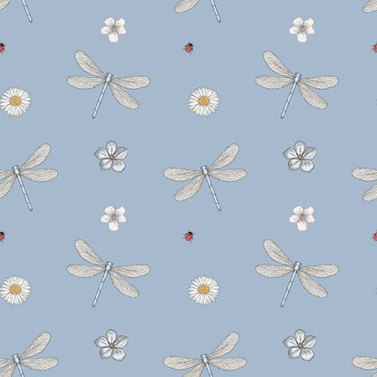 Pale blue childrens wallpaper with stylish dragonflies, ladybirds and flowers.