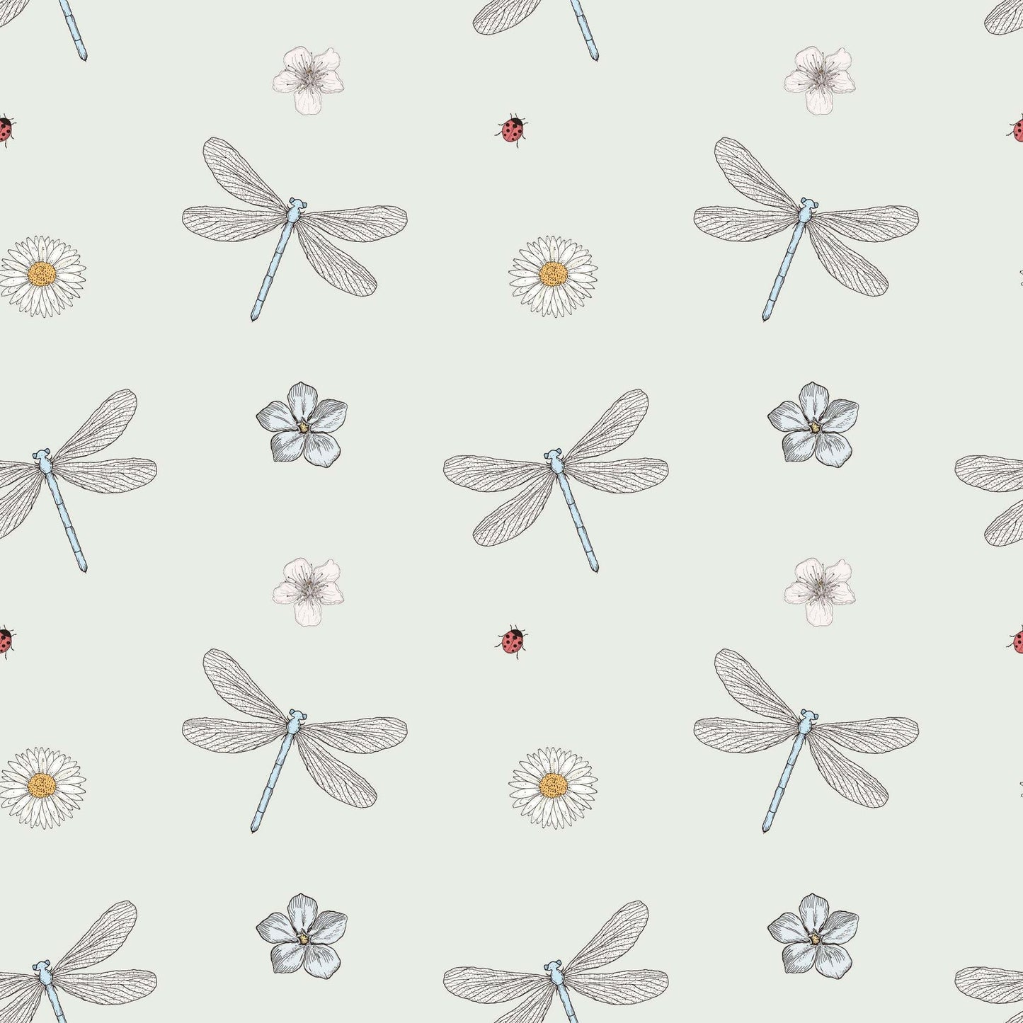 Pale green childrens wallpaper with stylish dragonflies, ladybirds and flowers.
