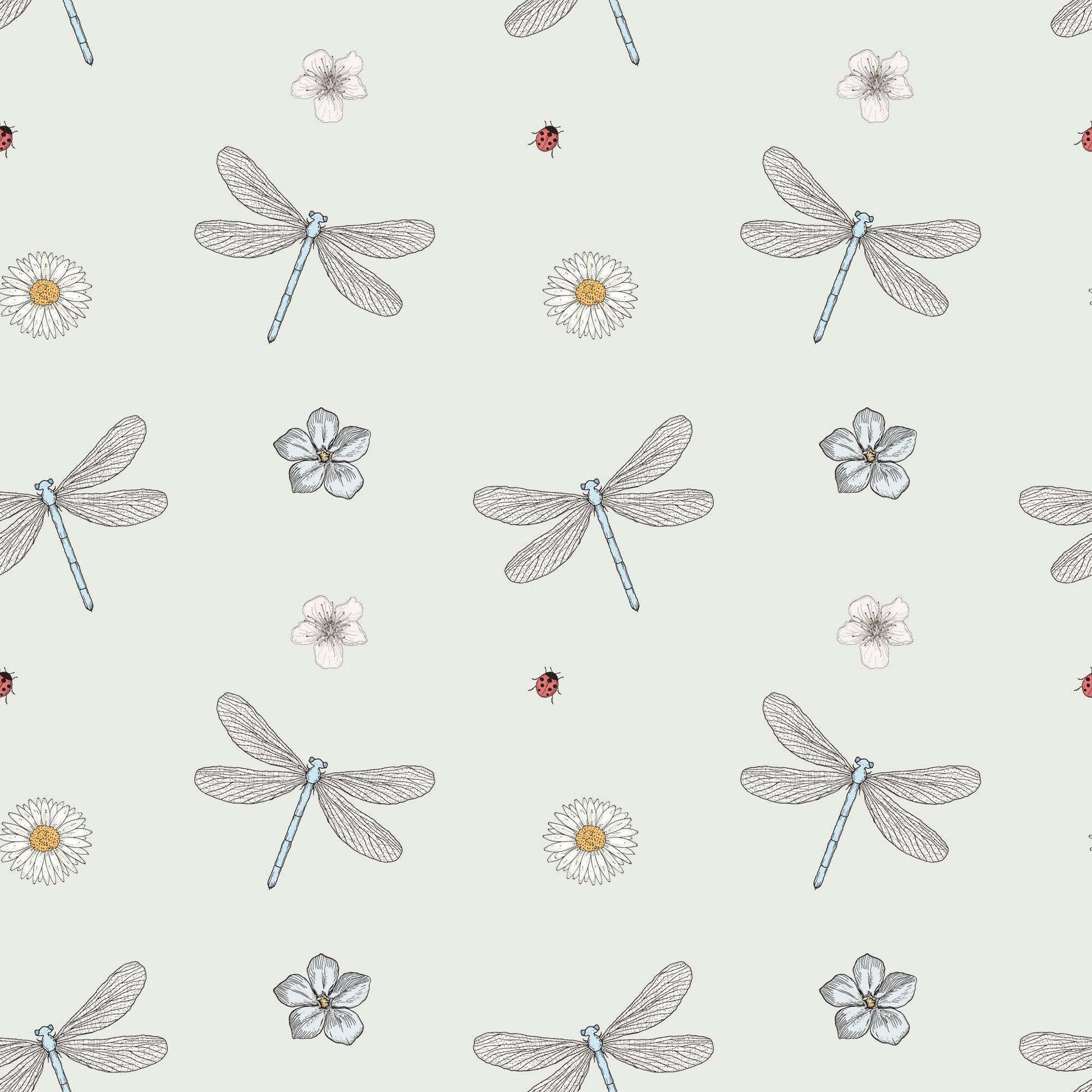Pale green childrens wallpaper with stylish dragonflies, ladybirds and flowers.