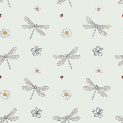 Pale green childrens wallpaper with stylish dragonflies, ladybirds and flowers.