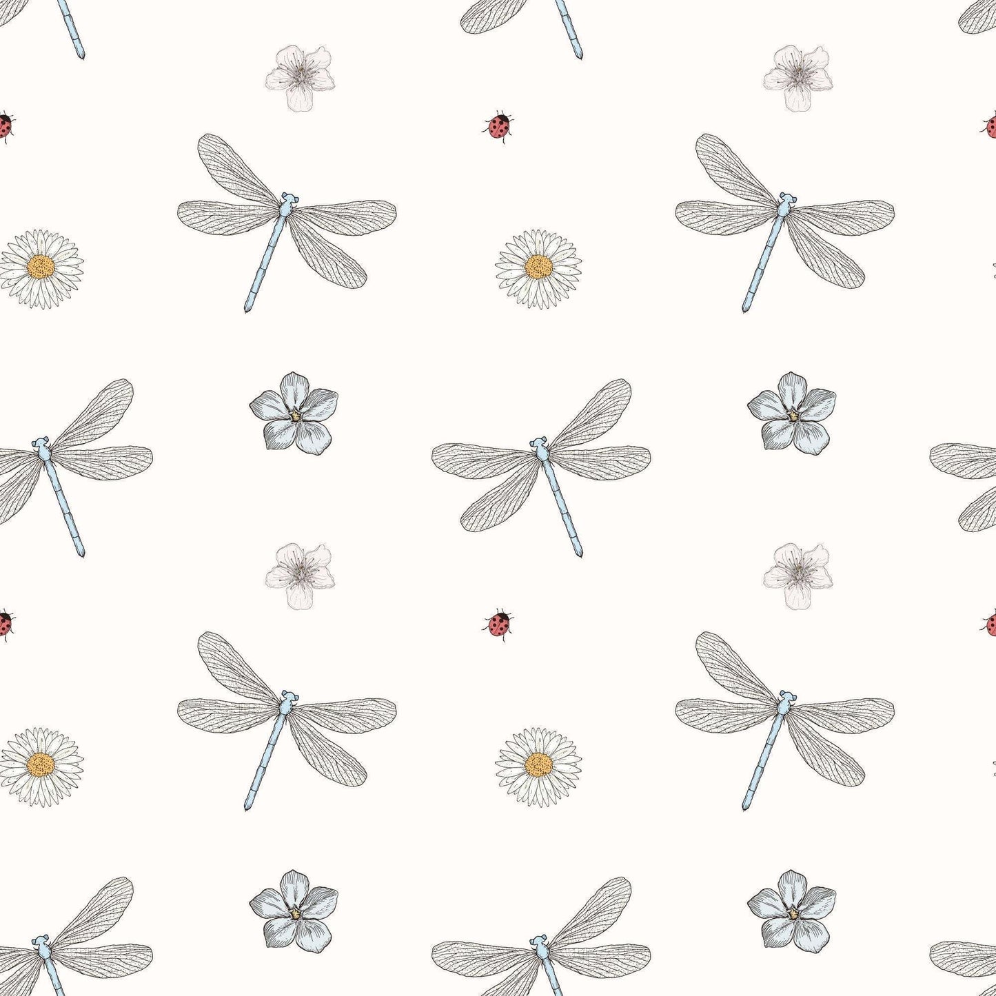 Pale pink childrens wallpaper with stylish dragonflies, ladybirds and flowers.