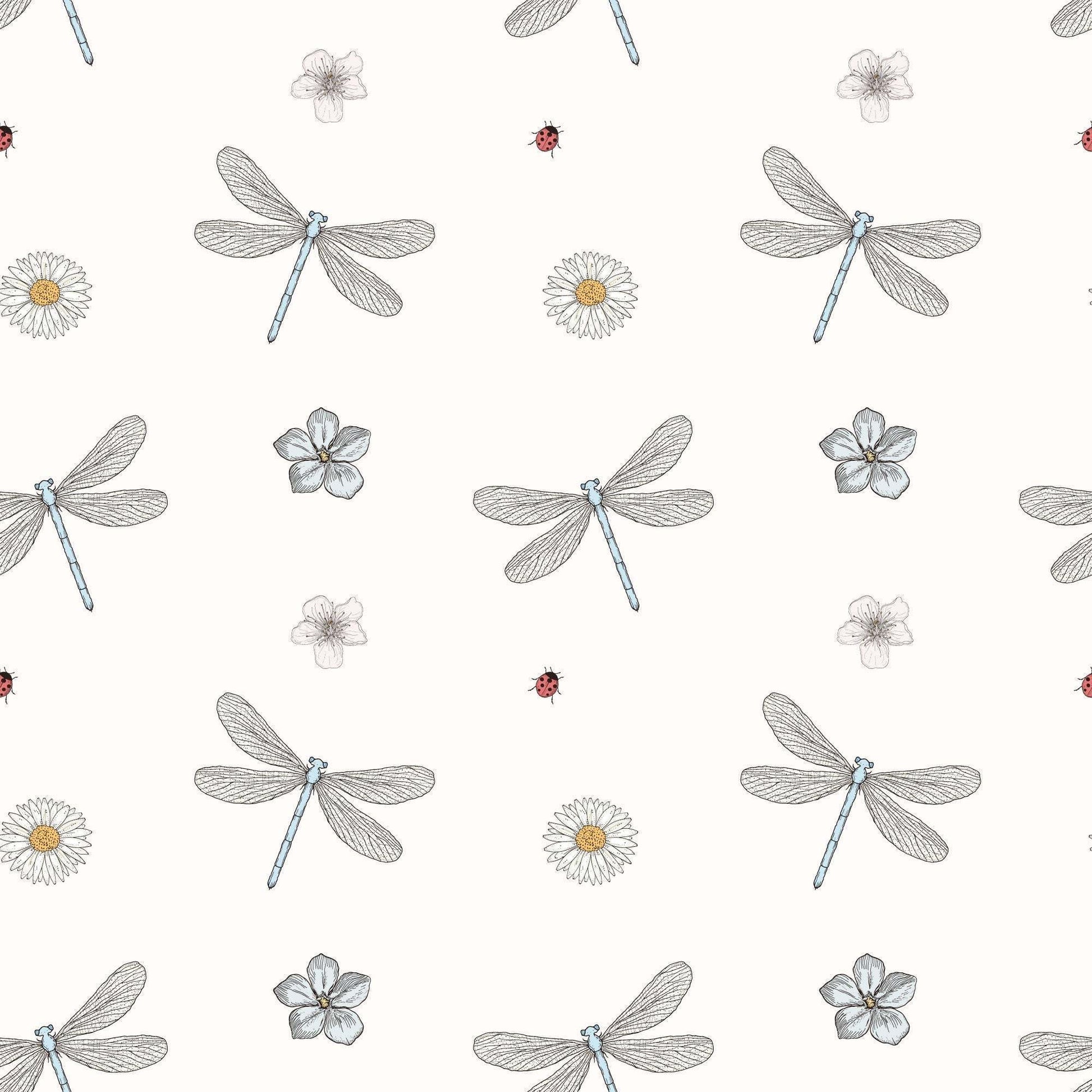 Pale pink childrens wallpaper with stylish dragonflies, ladybirds and flowers.
