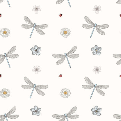 Pale pink childrens wallpaper with stylish dragonflies, ladybirds and flowers.