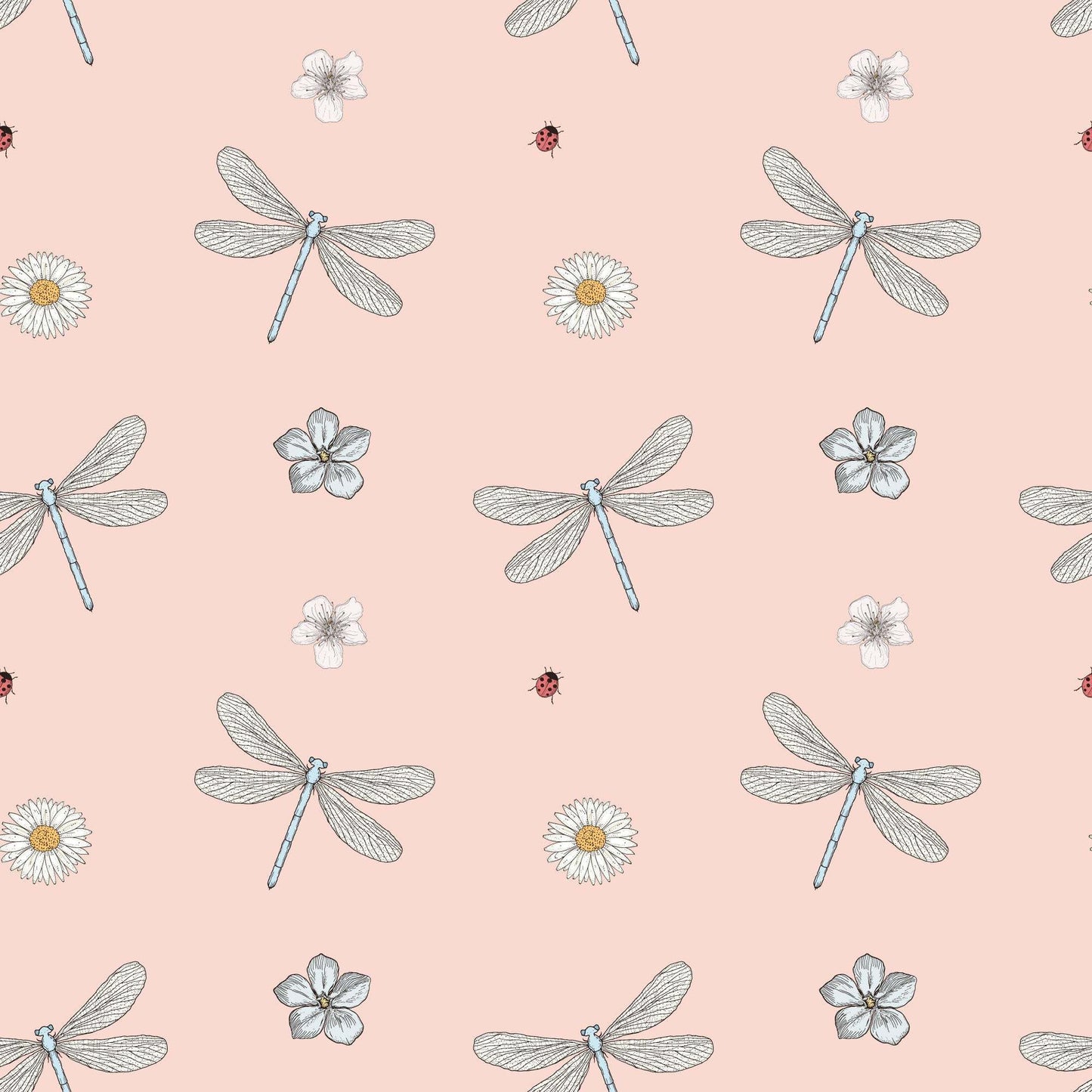 Pink childrens wallpaper with stylish dragonflies, ladybirds and flowers.