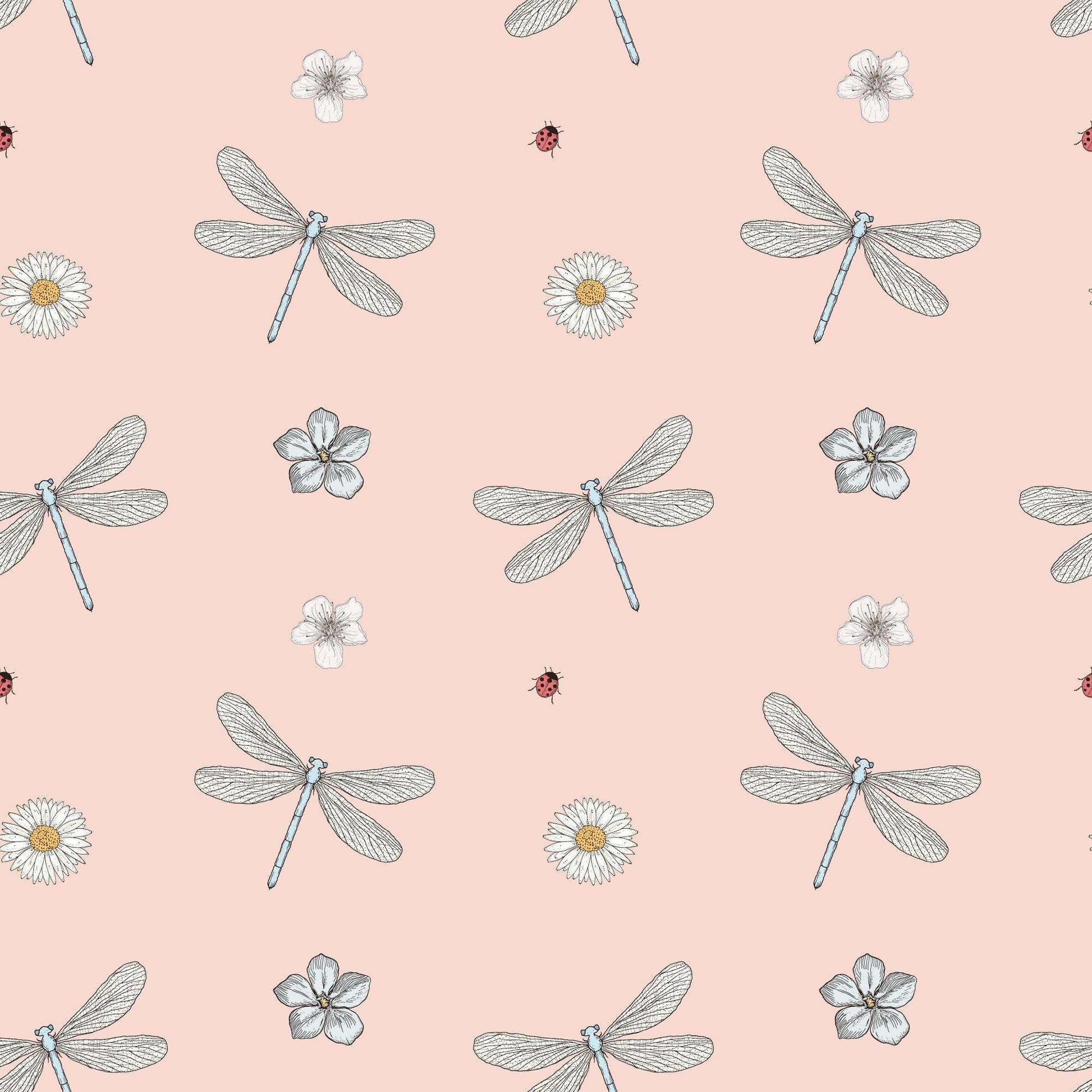 Pink childrens wallpaper with stylish dragonflies, ladybirds and flowers.