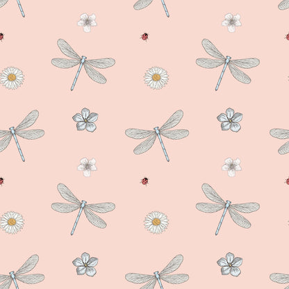 Pink childrens wallpaper with stylish dragonflies, ladybirds and flowers.