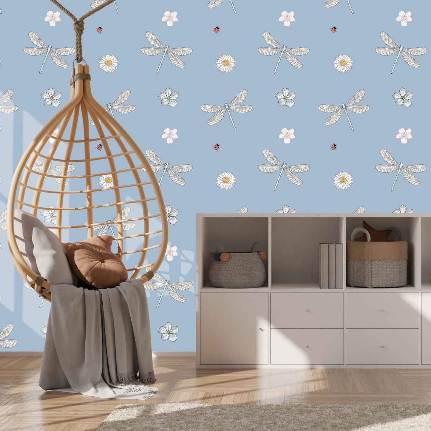 Pale blue childrens wallpaper with stylish dragonflies, ladybirds and flowers bedroom.