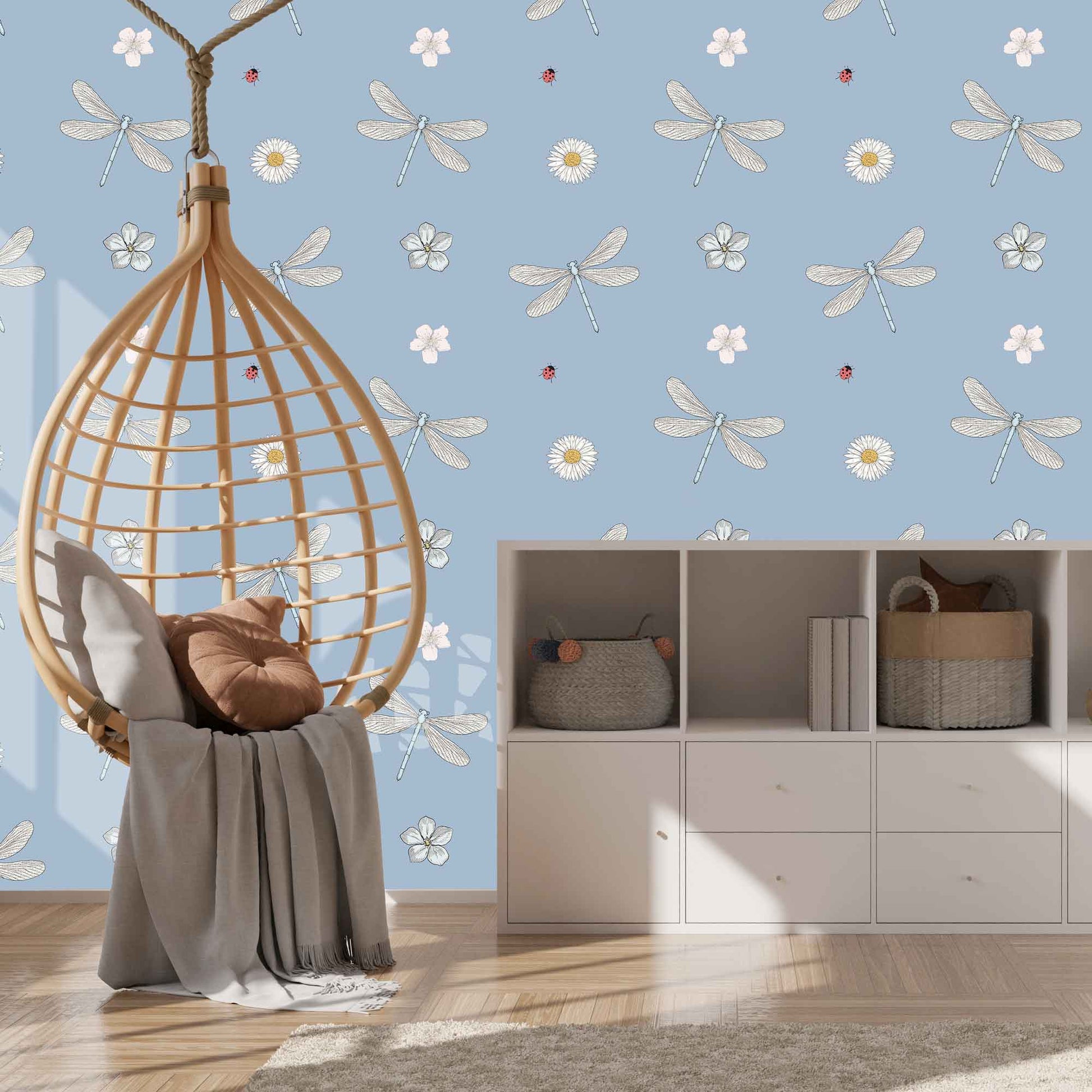 Pale blue childrens wallpaper with stylish dragonflies, ladybirds and flowers bedroom.