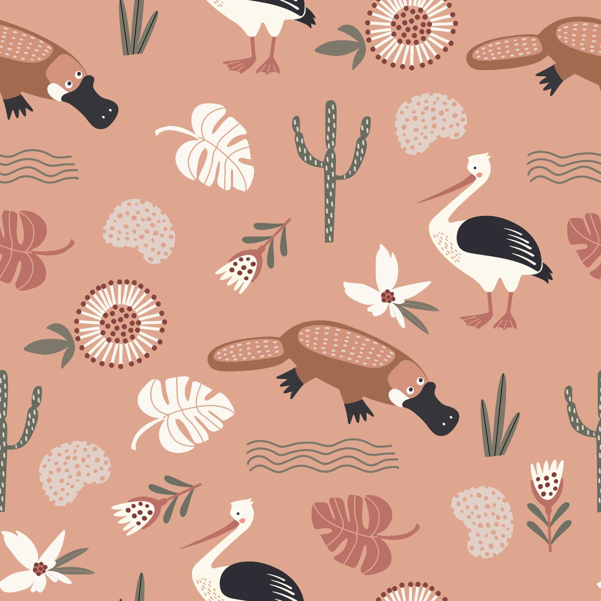 Kids Animal Wallpaper Flamingos, Duck billed Platypus, Flowers Leaves terracotta 