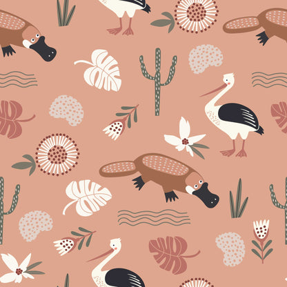 Kids Animal Wallpaper Flamingos, Duck billed Platypus, Flowers Leaves terracotta 