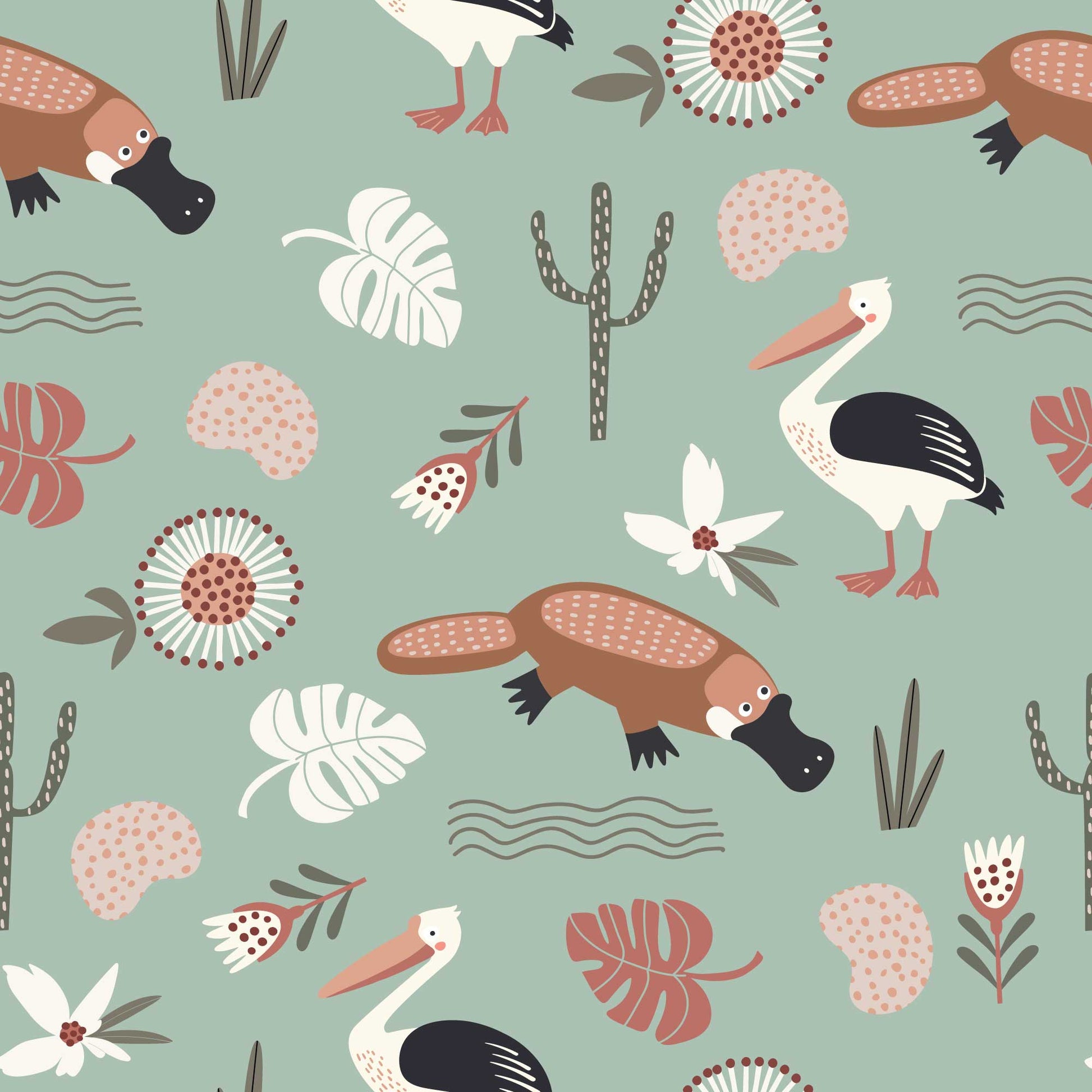 Kids Animal Wallpaper Flamingos, Duck billed Platypus, Flowers Leaves sage green 