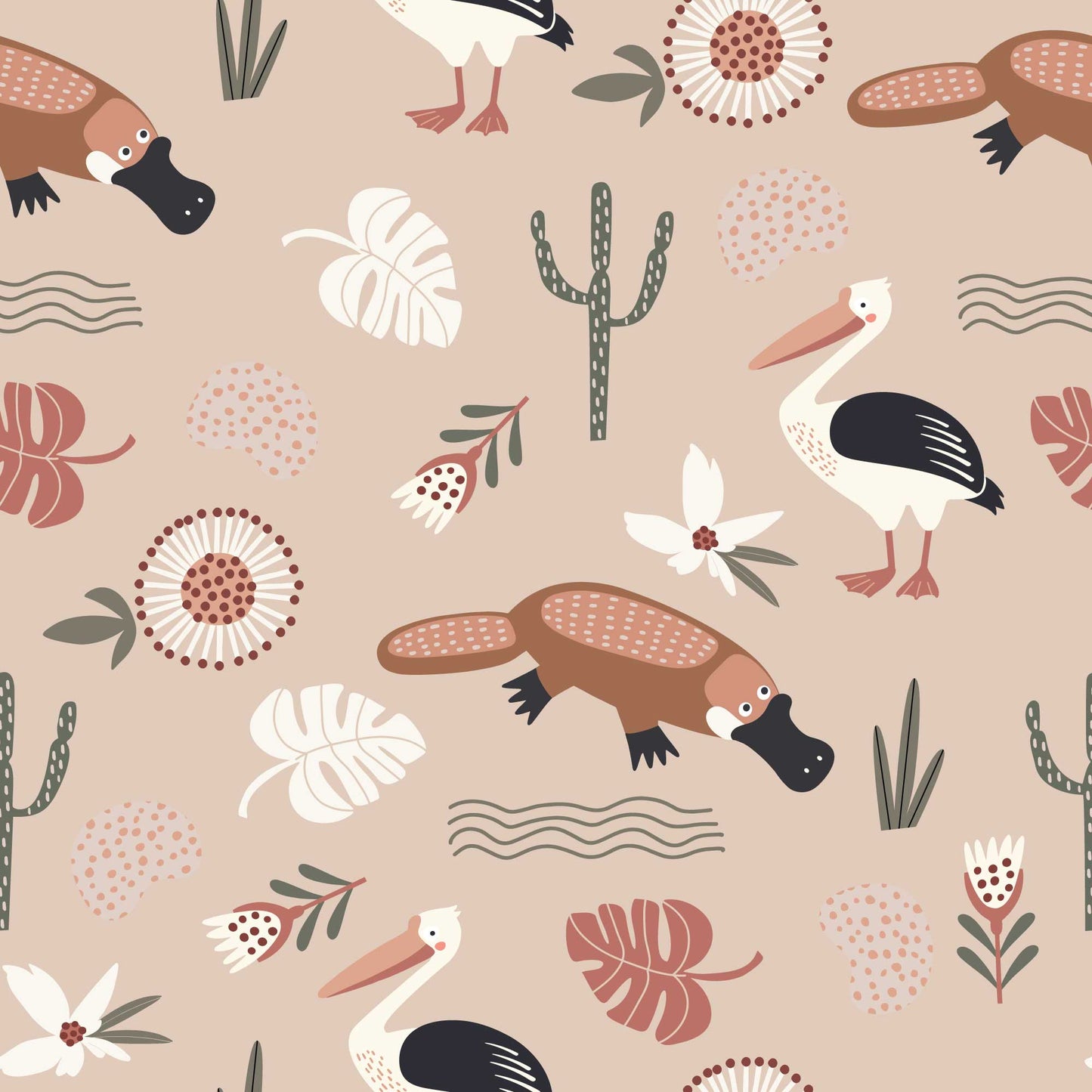 Kids Animal Wallpaper Flamingos, Duck billed Platypus, Flowers Leaves pale terracotta 