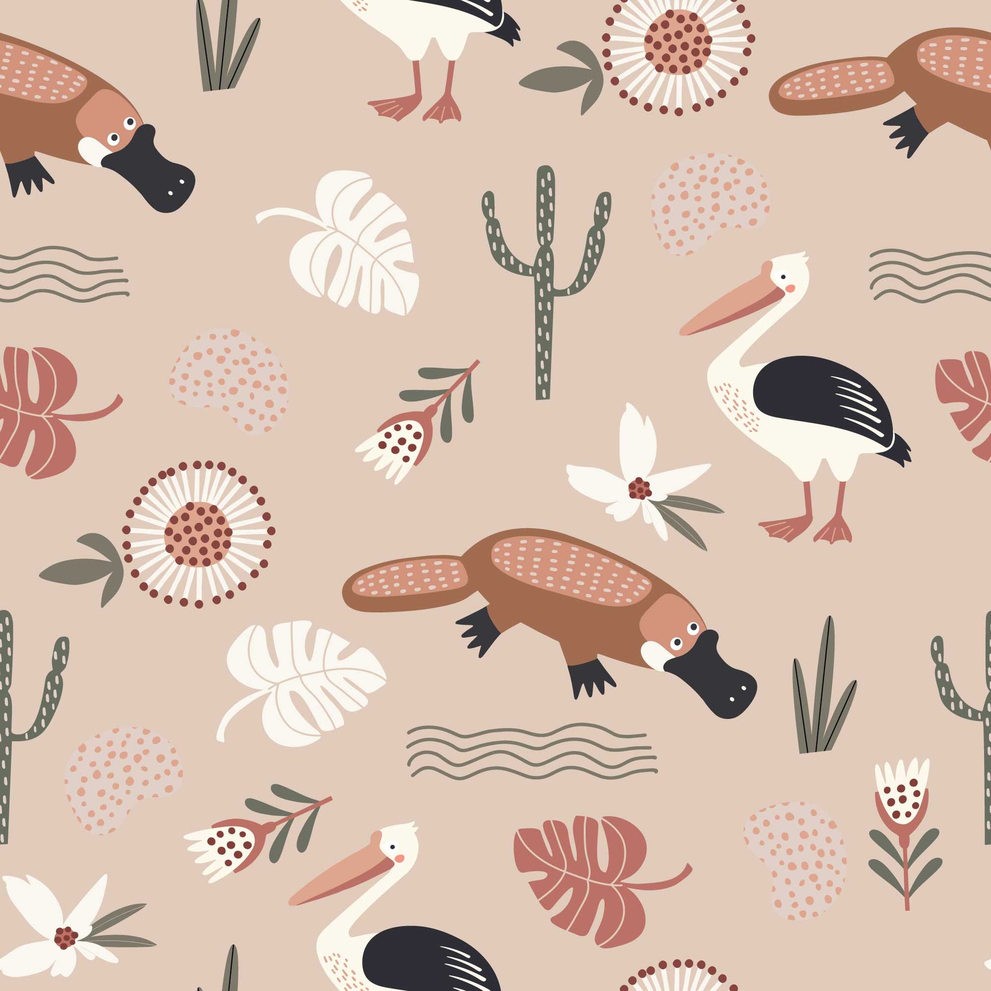 Kids Animal Wallpaper Flamingos, Duck billed Platypus, Flowers Leaves pale terracotta 