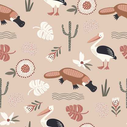 Kids Animal Wallpaper Flamingos, Duck billed Platypus, Flowers Leaves pale terracotta 