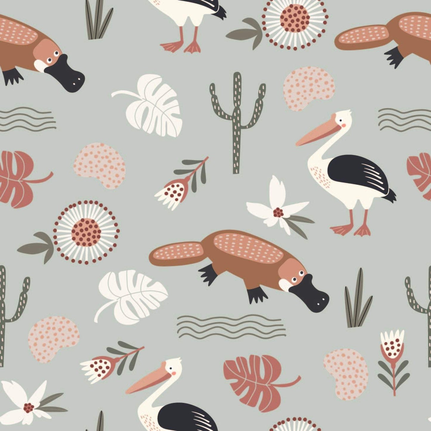 Kids Animal Wallpaper Flamingos, Duck billed Platypus, Flowers Leaves pale grey  