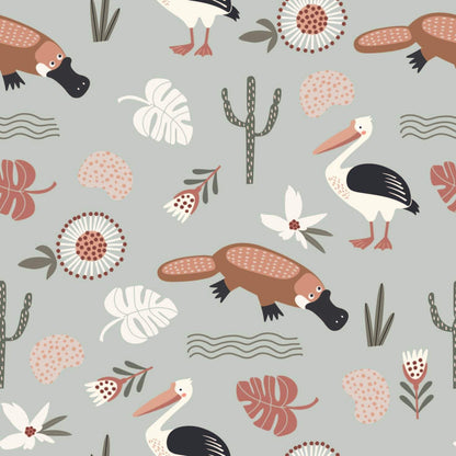 Kids Animal Wallpaper Flamingos, Duck billed Platypus, Flowers Leaves pale grey  