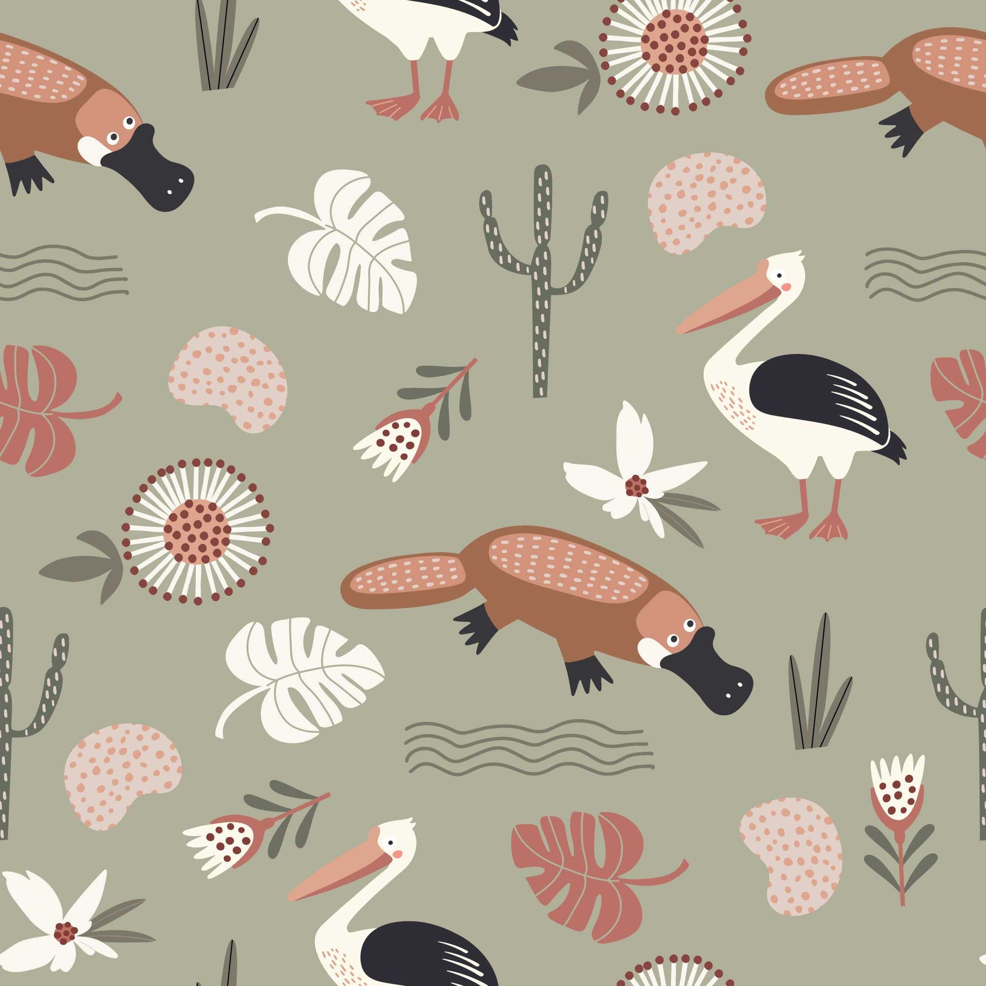 Kids Animal Wallpaper Flamingos, Duck billed Platypus, Flowers Leaves green 