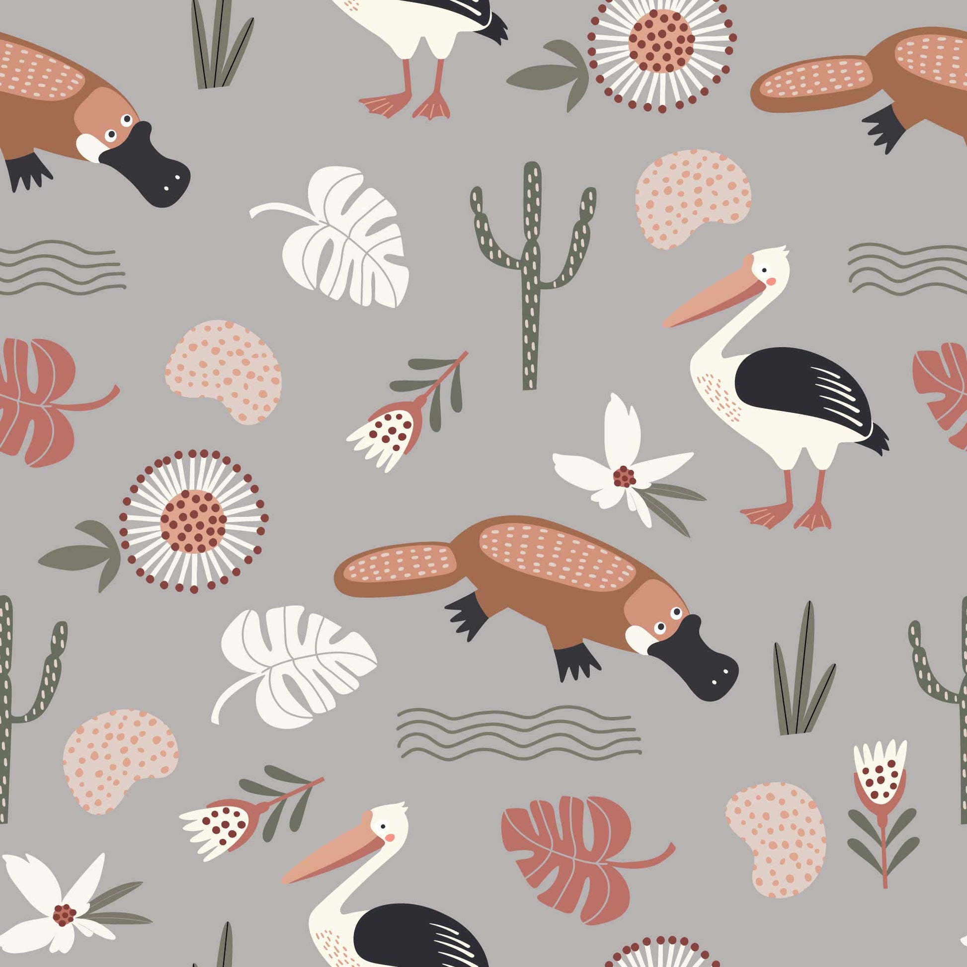 Kids Animal Wallpaper Flamingos, Duck billed Platypus, Flowers Leaves grey