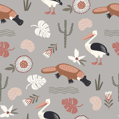 Kids Animal Wallpaper Flamingos, Duck billed Platypus, Flowers Leaves grey