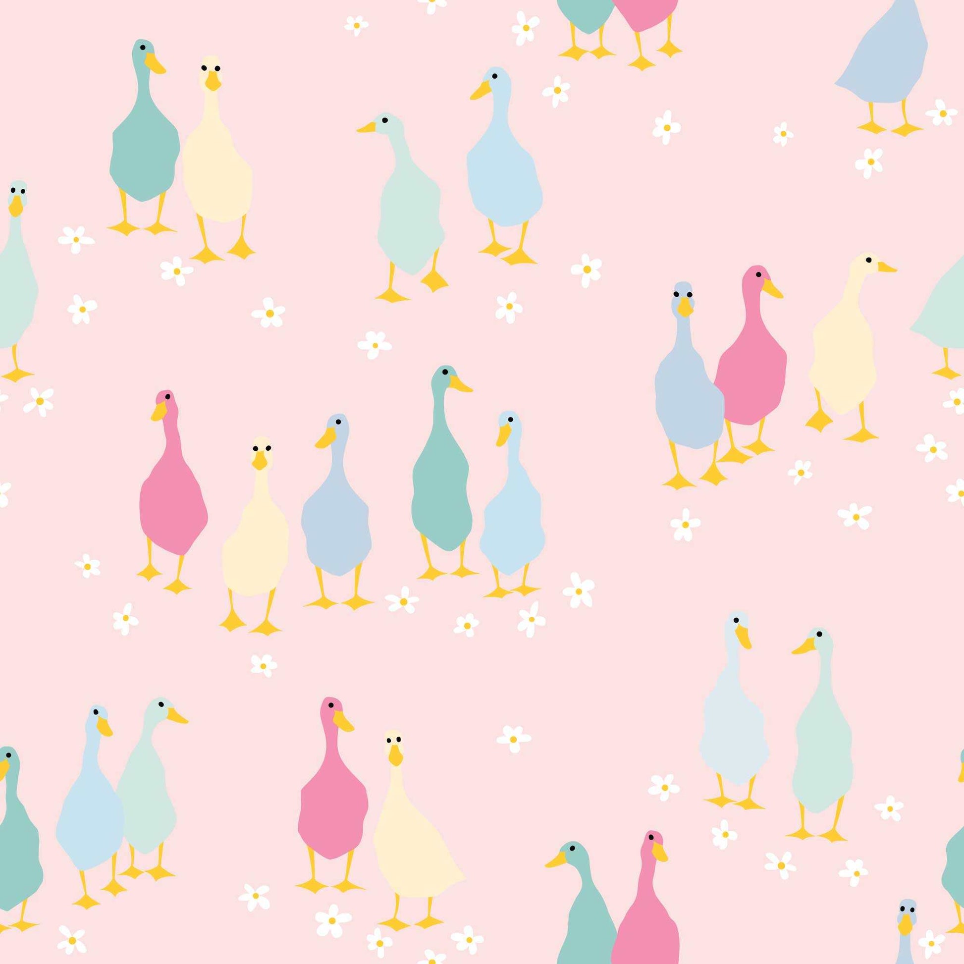 Pink Babies nursery wallpaper with cute colourful ducks and flowers 
