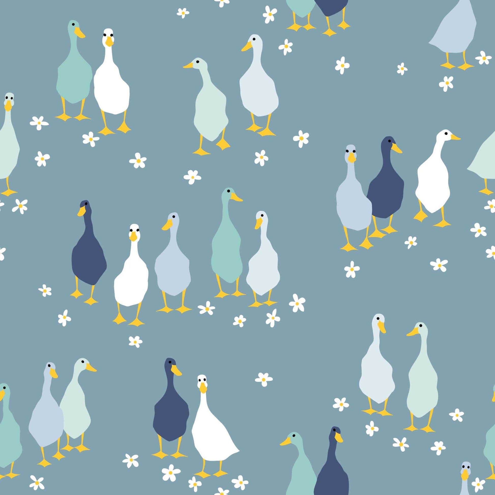 Blue Babies nursery wallpaper with cute colourful ducks and flowers 