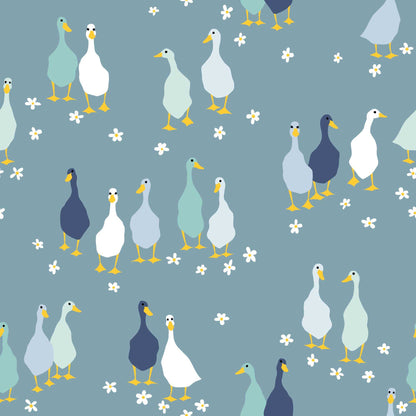 Blue Babies nursery wallpaper with cute colourful ducks and flowers 