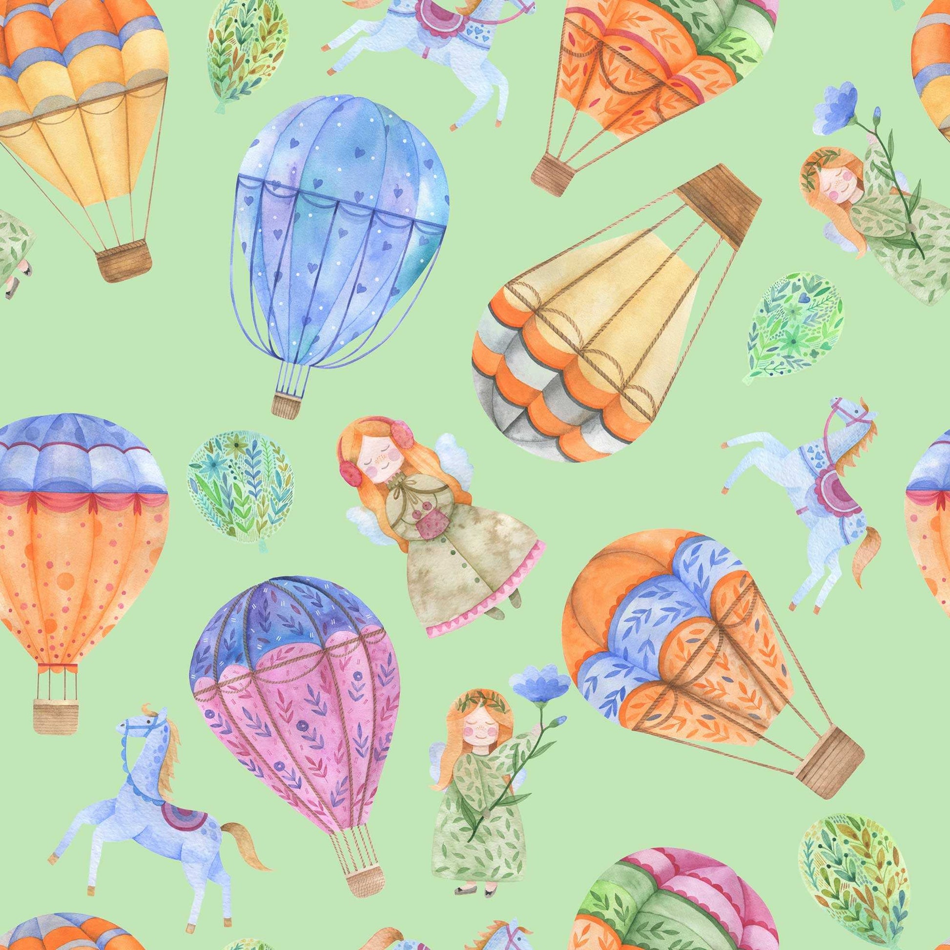 Girls Nursery Bedroom Wallpaper - Hot Air Balloons Horses Cute Girl with Wings and FlowersGirls Nursery Bedroom Wallpaper - Hot Air Balloons Horses Cute Girl with Wings and Flowers in Apple Green 