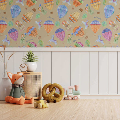 Girls Nursery Bedroom Wallpaper - Hot Air Balloons Horses Cute Girl with Wings and Flowers Bedroom Image 