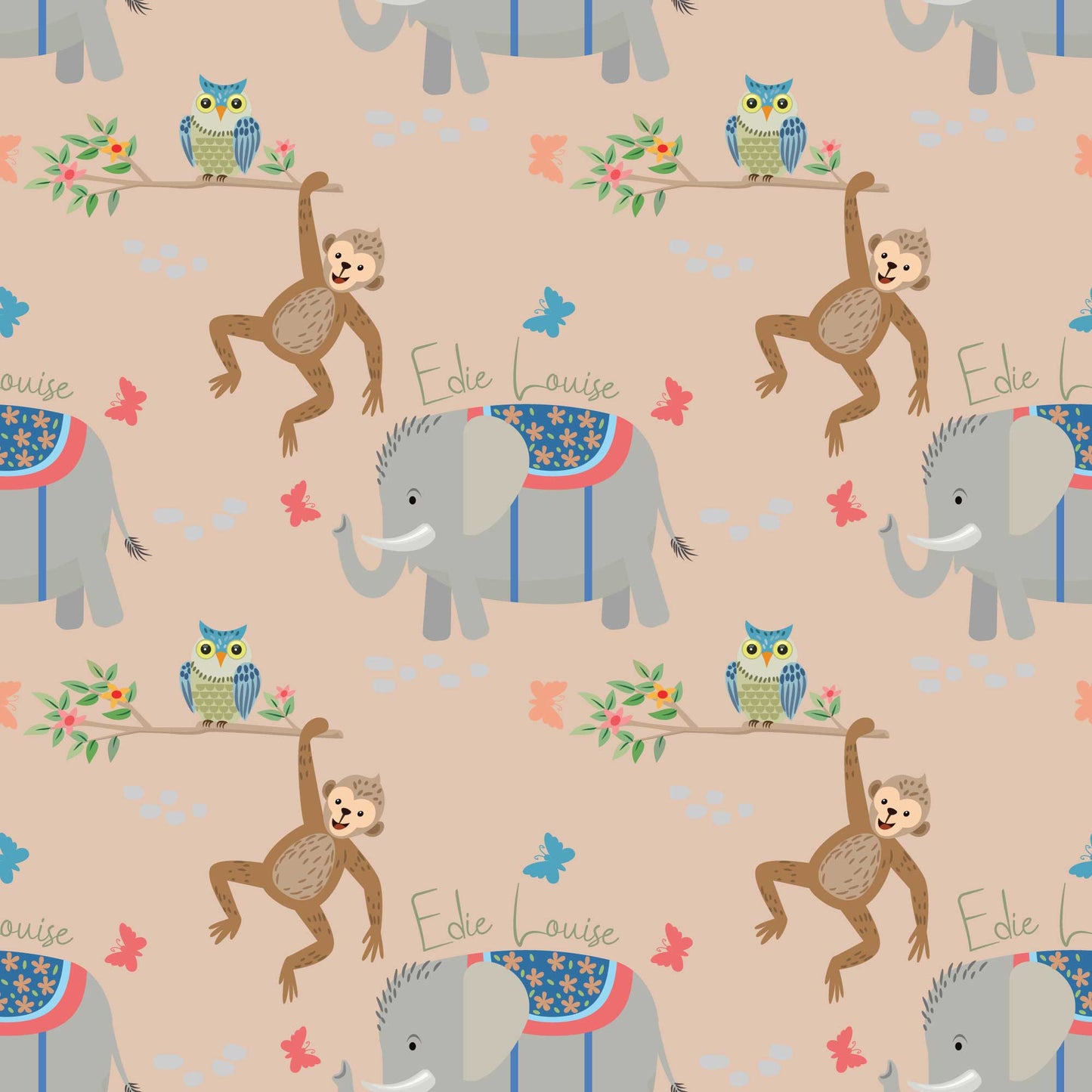 Personalised childrens animal bedroom wallpaper featuring cheeky climbing monkeys, cute owls, adorable baby elephants, butterflies, and flowers, designed with a peach backdrop 