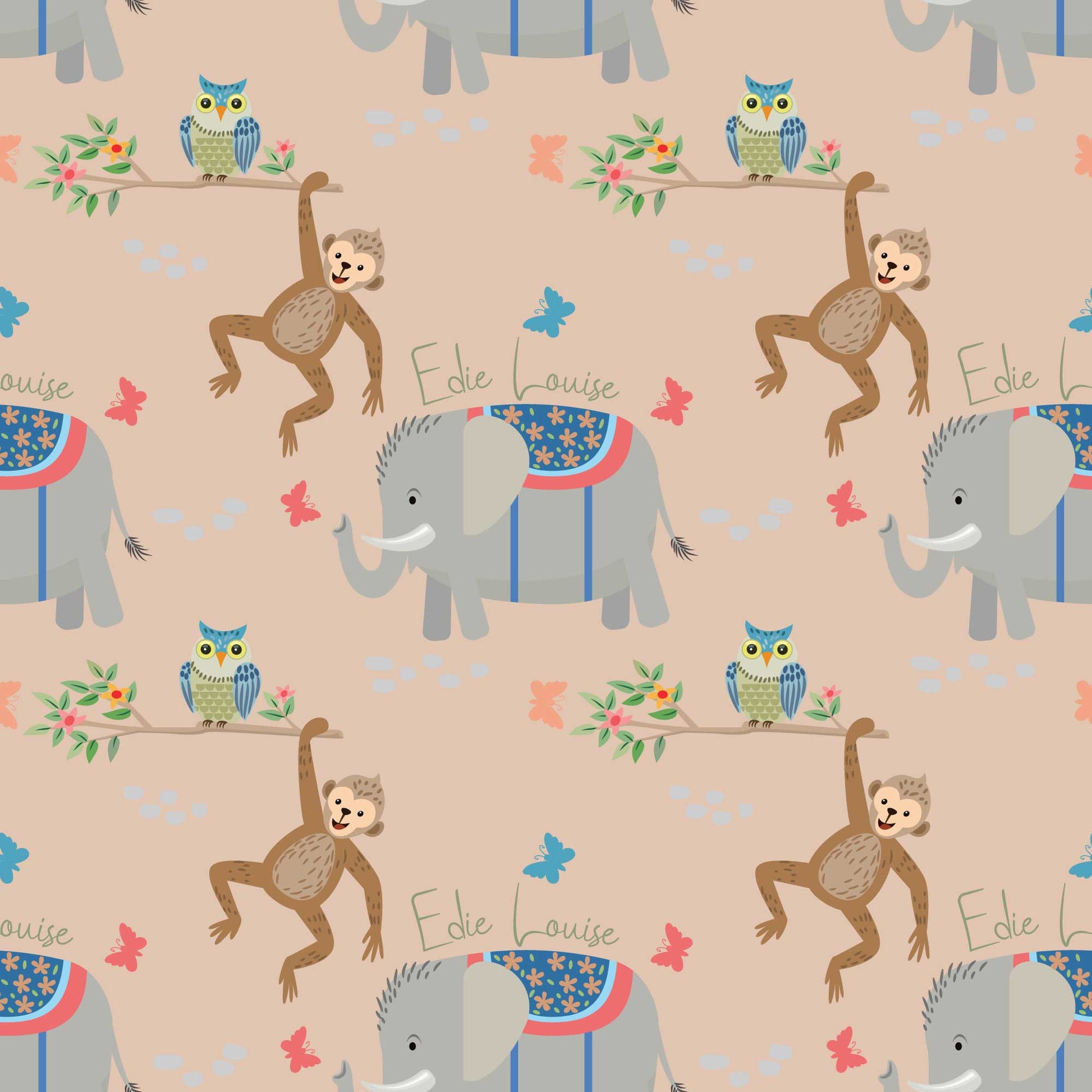 Personalised childrens animal bedroom wallpaper featuring cheeky climbing monkeys, cute owls, adorable baby elephants, butterflies, and flowers, designed with a peach backdrop 
