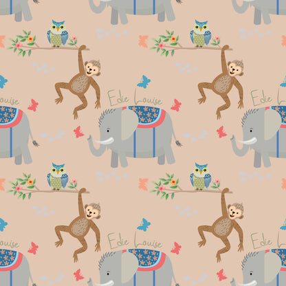 Personalised childrens animal bedroom wallpaper featuring cheeky climbing monkeys, cute owls, adorable baby elephants, butterflies, and flowers, designed with a peach backdrop 