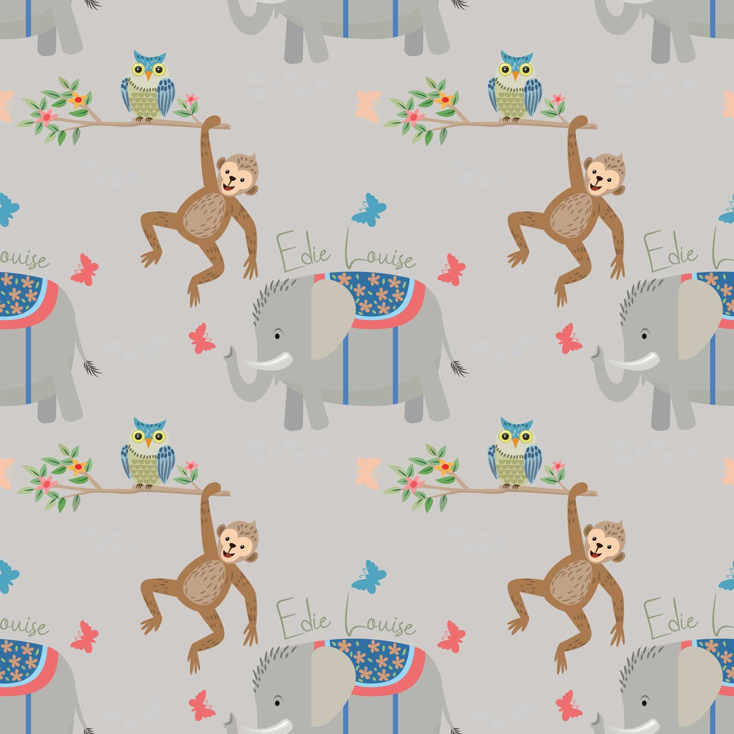 Personalised childrens animal bedroom wallpaper featuring cheeky climbing monkeys, cute owls, adorable baby elephants, butterflies, and flowers, designed with a pale grey backdrop 