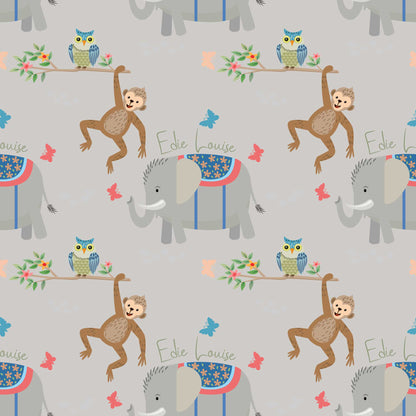Personalised childrens animal bedroom wallpaper featuring cheeky climbing monkeys, cute owls, adorable baby elephants, butterflies, and flowers, designed with a pale grey backdrop 