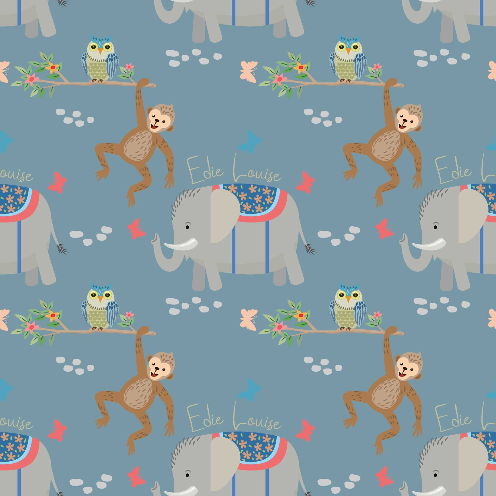 Personalised childrens animal bedroom wallpaper featuring cheeky climbing monkeys, cute owls, adorable baby elephants, butterflies, and flowers, designed with a blue backdrop 