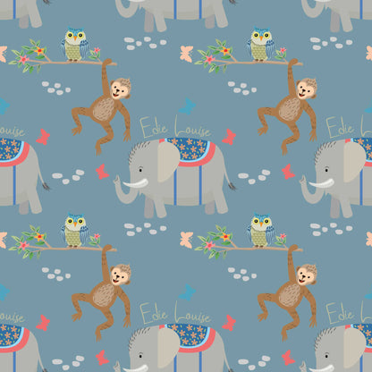 Personalised childrens animal bedroom wallpaper featuring cheeky climbing monkeys, cute owls, adorable baby elephants, butterflies, and flowers, designed with a blue backdrop 