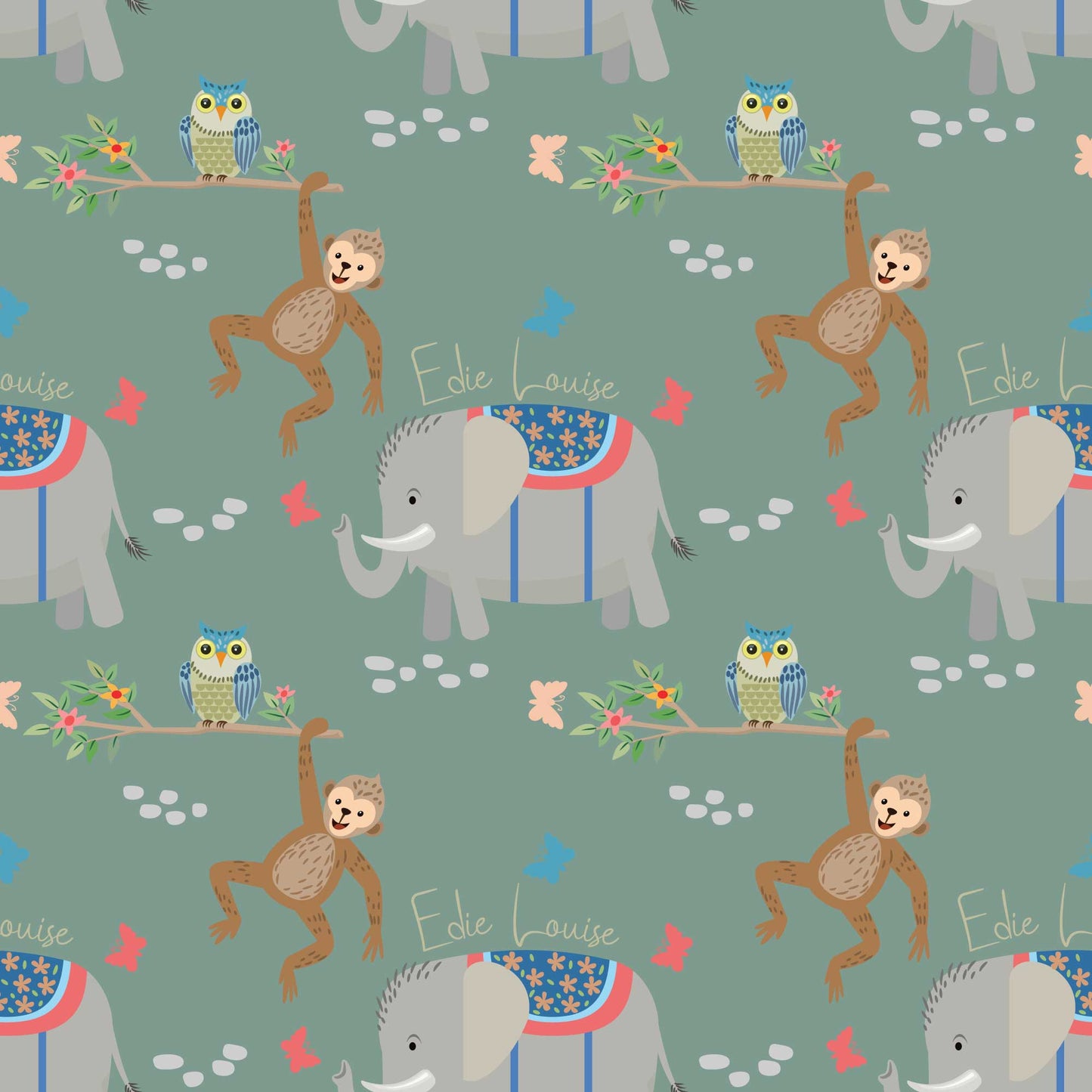 Personalised childrens animal bedroom wallpaper featuring cheeky climbing monkeys, cute owls, adorable baby elephants, butterflies, and flowers, designed with a sage green backdrop 