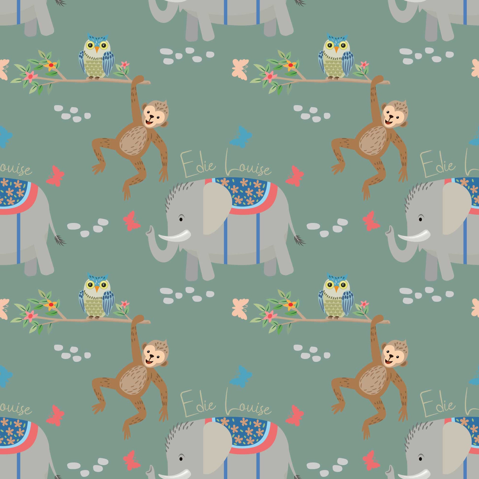 Personalised childrens animal bedroom wallpaper featuring cheeky climbing monkeys, cute owls, adorable baby elephants, butterflies, and flowers, designed with a sage green backdrop 