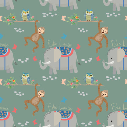 Personalised childrens animal bedroom wallpaper featuring cheeky climbing monkeys, cute owls, adorable baby elephants, butterflies, and flowers, designed with a sage green backdrop 
