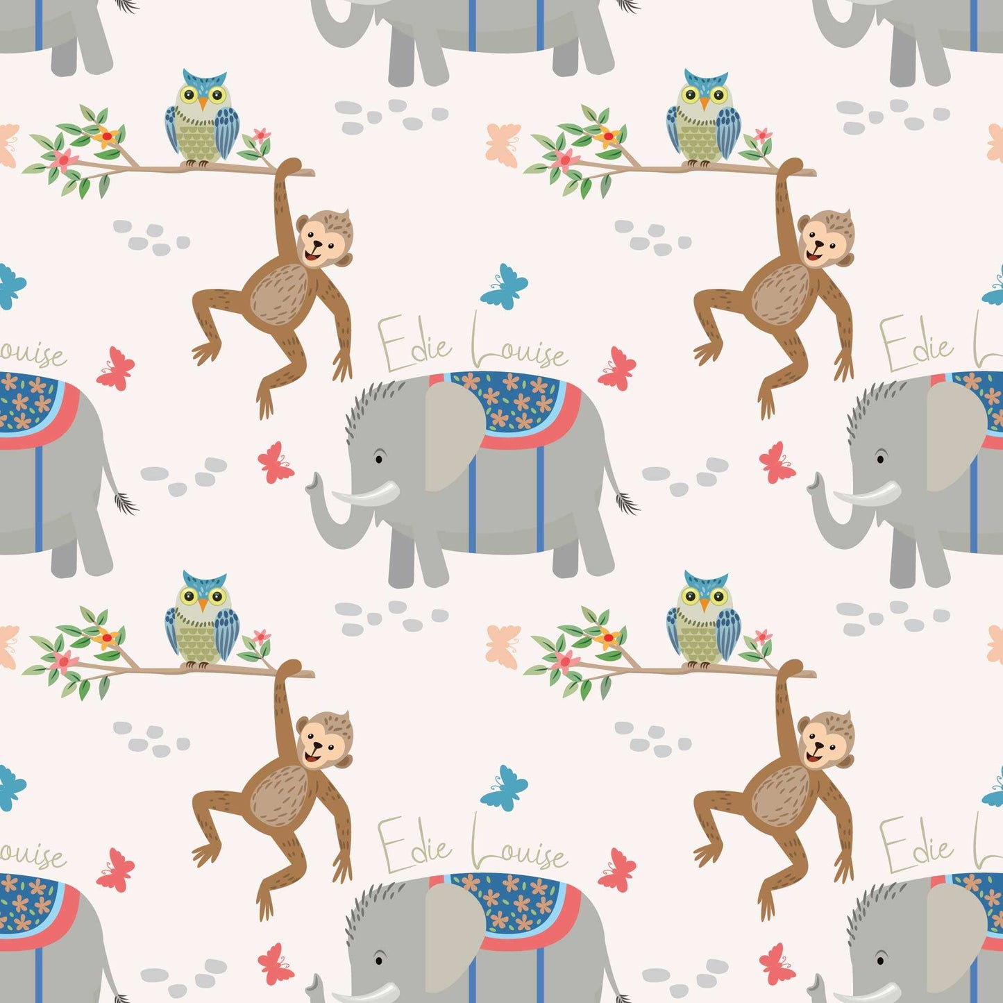 Personalised childrens animal bedroom wallpaper featuring cheeky climbing monkeys, cute owls, adorable baby elephants, butterflies, and flowers, designed with a white backdrop 