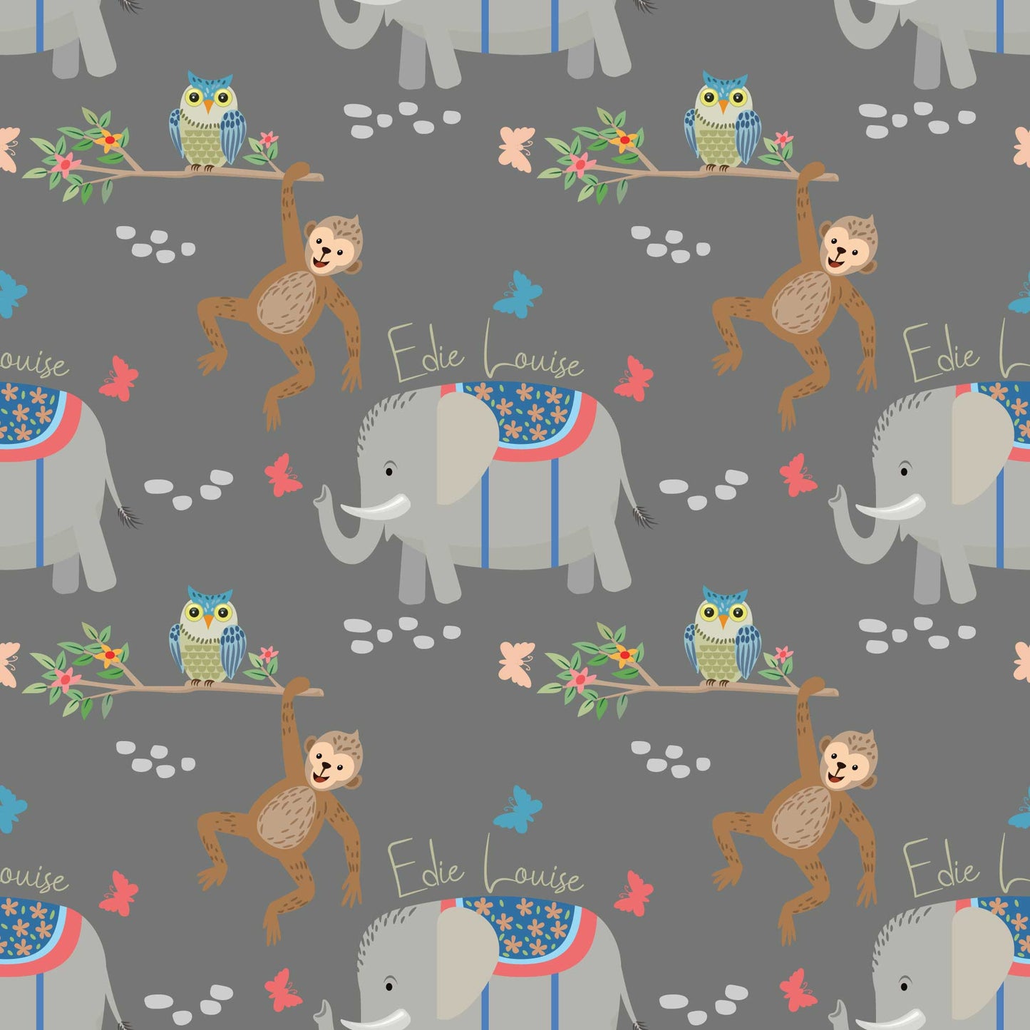 Personalised childrens animal bedroom wallpaper featuring cheeky climbing monkeys, cute owls, adorable baby elephants, butterflies, and flowers, designed with a grey  backdrop 