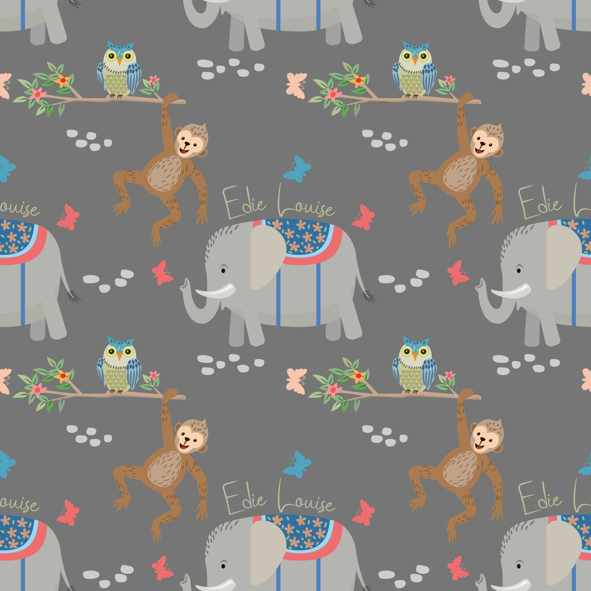 Personalised childrens animal bedroom wallpaper featuring cheeky climbing monkeys, cute owls, adorable baby elephants, butterflies, and flowers, designed with a grey  backdrop 
