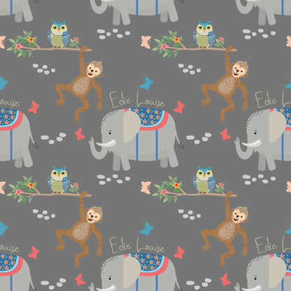 Personalised childrens animal bedroom wallpaper featuring cheeky climbing monkeys, cute owls, adorable baby elephants, butterflies, and flowers, designed with a grey  backdrop 
