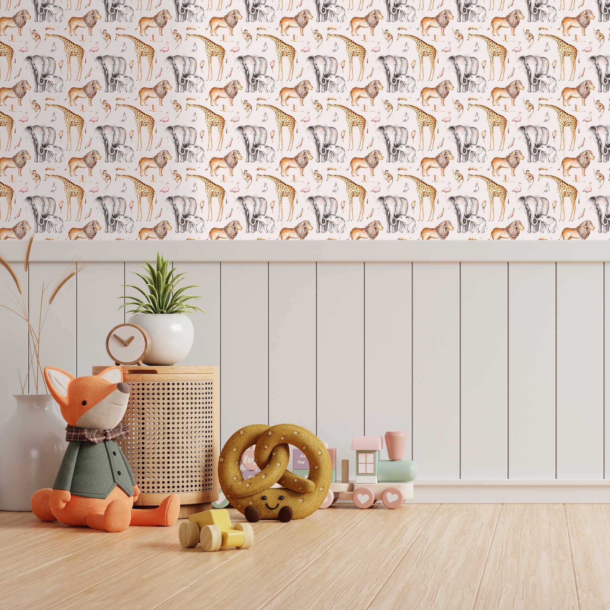 Nursery idea Childrens Monkey Jungle Wallpaper featuring Lions Elephants Giraffes