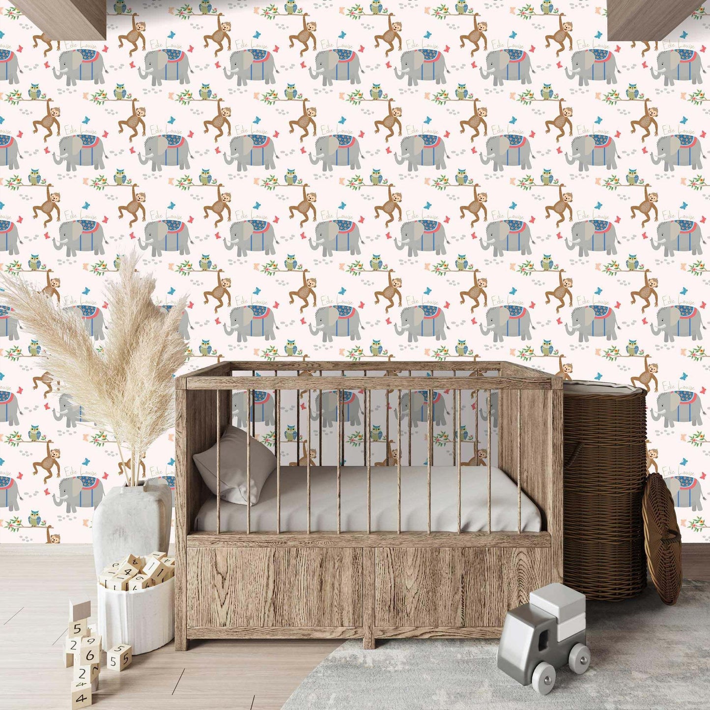 Personalised childrens animal bedroom wallpaper featuring cheeky climbing monkeys, cute owls, adorable baby elephants, butterflies, and flowers, designed with a white backdrop 