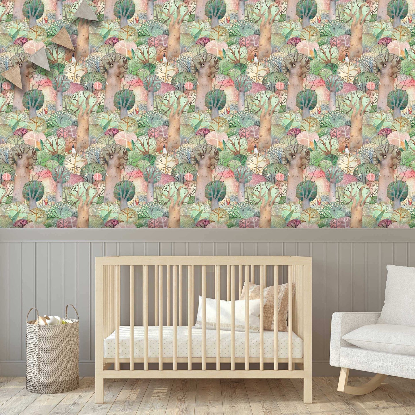Bedroom design idea Luxury Nursery Wallpaper - Cute Rabbits, Snowy Owls, colourful Forest.
