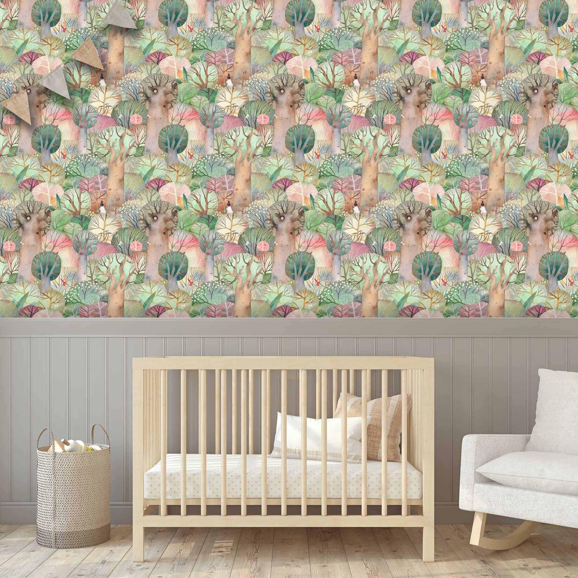 Bedroom design idea Luxury Nursery Wallpaper - Cute Rabbits, Snowy Owls, colourful Forest.