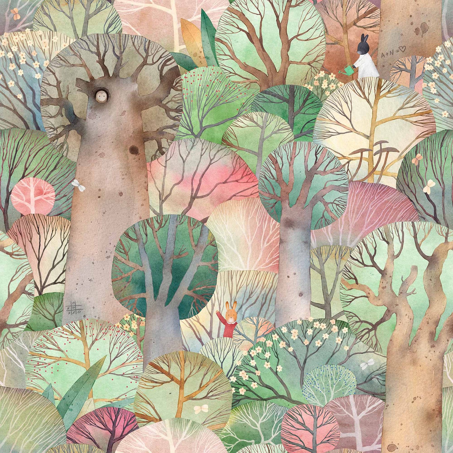 Luxury Nursery Wallpaper - Cute Rabbits, Snowy Owls, colourful Forest. Multi colours pinks greys greens 