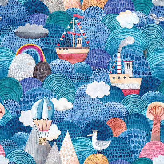 Boys bedroom wallpaper Sailing Ships Boats Seagulls  Hot Air Balloons